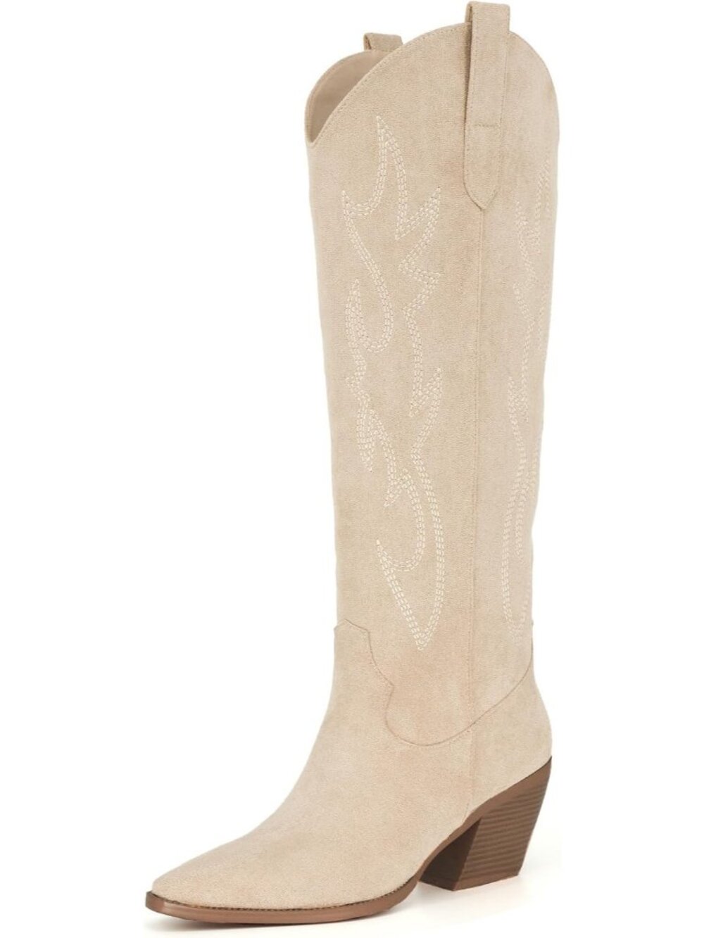Women's Beige Knee High Boots Pointed Toe Block Heel Suede Faux Leather Boots